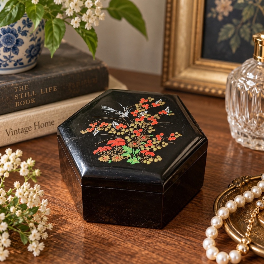 Vintage Hexagon Black Lacquerware Trinket Box Floral Asian Jewelry Keepsake Case